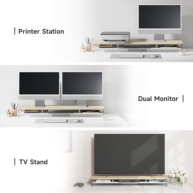 Fenge Acrylic Monitor Stand Riser, 42.5 Inches Dual Monitor Stand with Metal Storage, 2 Tier Acrylic Computer Riser for Desk, Clear Laptop Stand for PC, Laptop, Printer, TV, Oak-DeskLoop Office