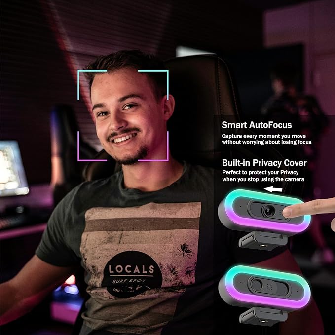 2K Webcam for PC, Plug and Play USB C Webcam with Dual Microphones,Ring Light,Fill RGB Light & Cover,Autofocus,65°FOV,1080P@60FPS, PC Web Camera for Desktop Computer Laptop Mac Zoom Streaming-DeskLoop Office