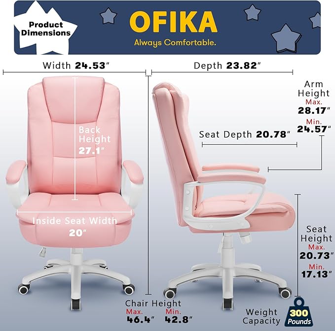 OFIKA Home Office Chair, Ergonomic Desk Chair, Adjustable Task Chair for Lumbar Back Support, Computer Chair with Rolling Swivel and Armrest, Modern Executive High Back Leather Chairs (Pink)-DeskLoop Office