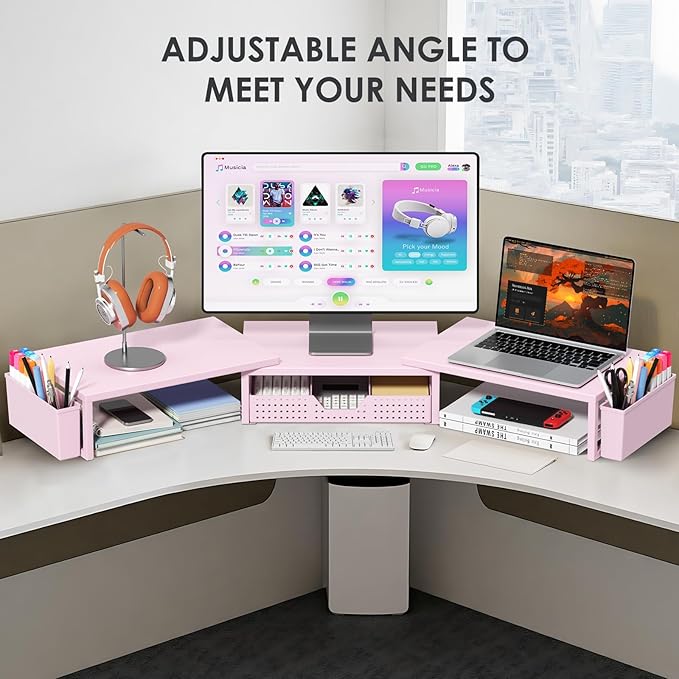 Pink Desk Organizers and Accessories for Women, Dual Computer Monitor Stand Riser with Drawer and 2 Pen Holders, Office Desk Accessories, Workspace Desktop Organization for Office Supplies-DeskLoop Office