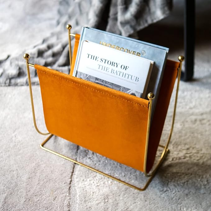 Plated Metal Wire and Suede Leather Magazine Holder Rack, Standing Rack for Magazines, Books, Newspapers, Home Staging Decoration-DeskLoop Office