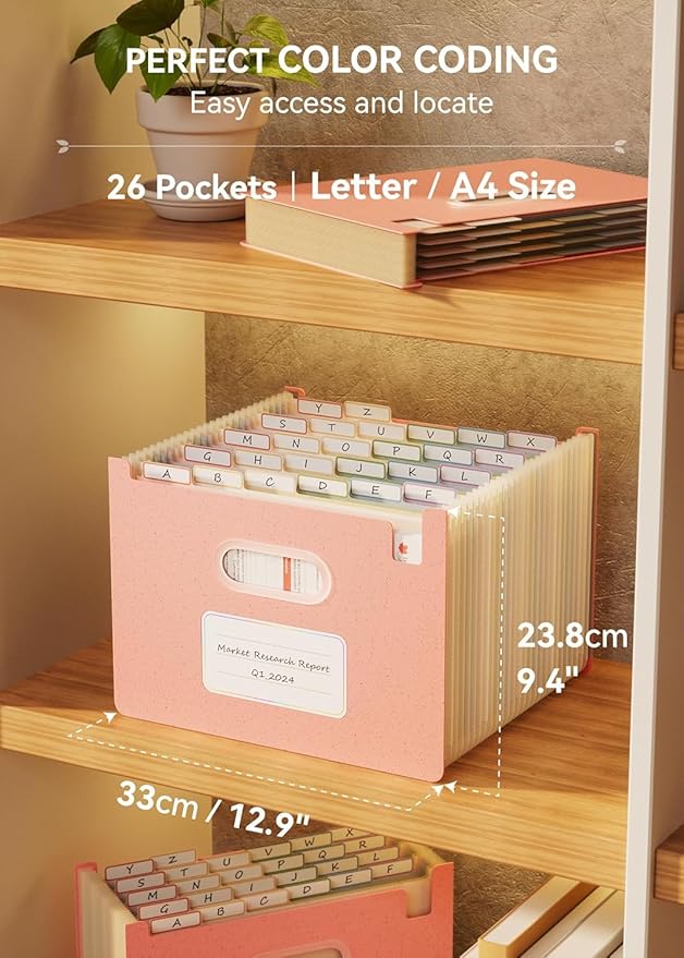 Accordion File Organizer, 26 Pockets Wheat Straw Expanding File Folders, Upright&Open Top, A-Z Bill Receipt Organizer, 100% BPA Free, Return to Nature, Healthy Living, Letter/A4 Size-2 Packs-DeskLoop Office