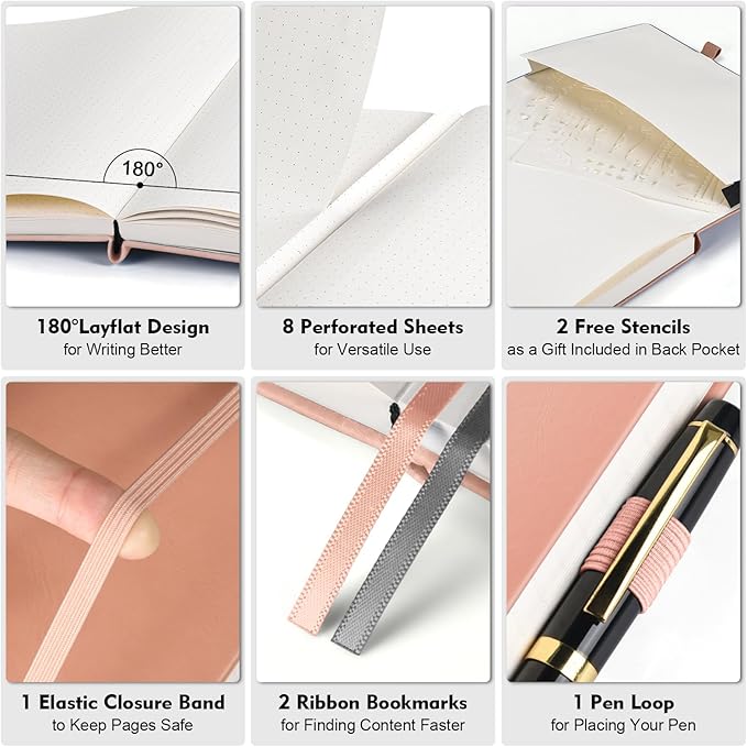 Dotted Journal Notebook, 312 Numbered Pages Large B5 Hardcover Leather Notebook, 100gsm No Bleed Paper Dot Grid Notebook with Index Pages, Dot Journal for Women Men, 7.6'' X 10'', Pink-DeskLoop Office