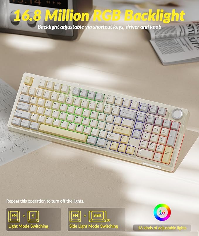 KI99 Pro 96% Wireless Mechanical Gaming Keyboard, Creamy Keyboard with Number Pad, Hot-Swappable Pre-Lubed Switches, Gasket Structure RGB Keyboards for Gamer/PC/Laptop(Beige White)-DeskLoop Office