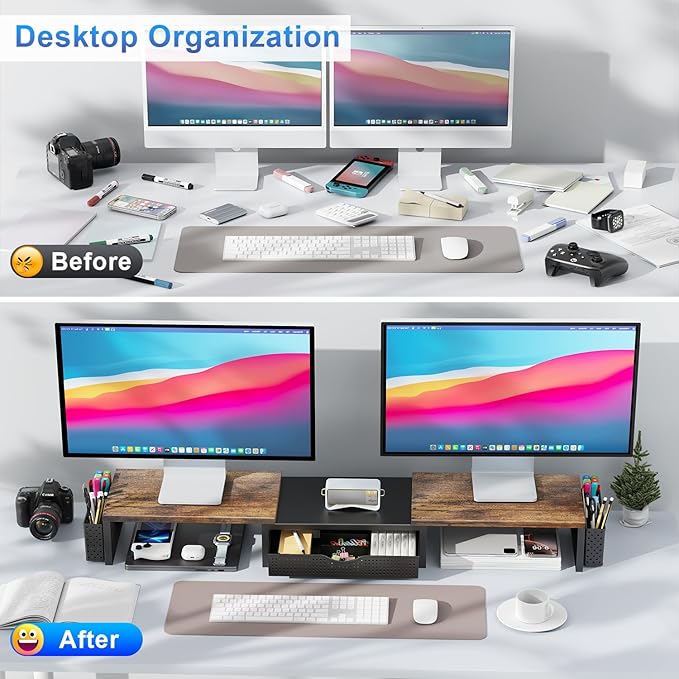 gianotter Dual Monitor Stand Riser, Desk Organizer With Drawer and 2 Pen Holders,Computer Monitor Stand, Desk Shelf for Top of Desk, Wood-DeskLoop Office