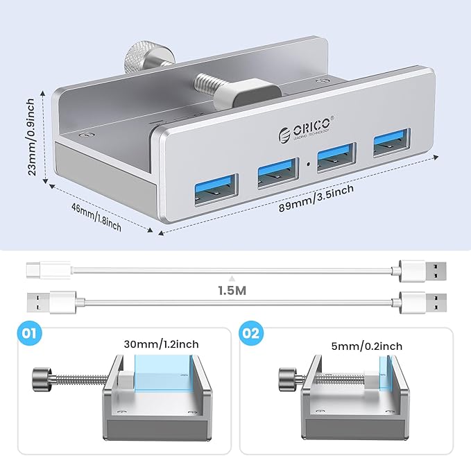 ORICO USB 3.0 Hub Clamp - Aluminum 4-Port USB Splitter With Extra Power Supply Port, 4.92 FT USB A to C Cable, Desktop Powered Hub for Monitors/Desks - Silver-DeskLoop Office