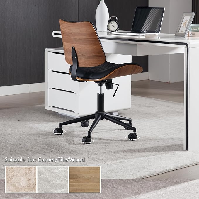 Home Office Chair No Arms with Wheels, Adjustable Height Small Desk Chair, PU Leather Mid Back 360 Swivel Computer Chair, Armless Modern Walnut Chair for Office, Reading Meeting Room(Black)-DeskLoop Office