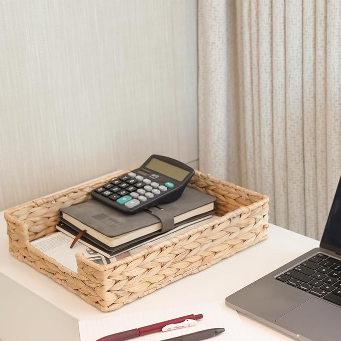 PINXIURY Water Hyacinth Letter Tray for A4 File Desk Mail Letter-Size Paper, Basket Woven Organizer, Magazine Files Storage, Office Document Organizer and Storage-DeskLoop Office