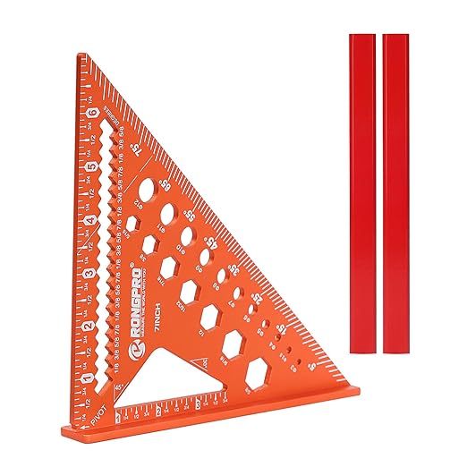 6-in-1 Carpenter Square 7 inch, Aluminum Rafter Square, Multi-Purpose Carpenter Tools : Wrench, Square, Protractor, Ruler, Marking Gauge, Drill Gauge, Includes 2pcs Carpentry Pencil (Champange)-DeskLoop Office