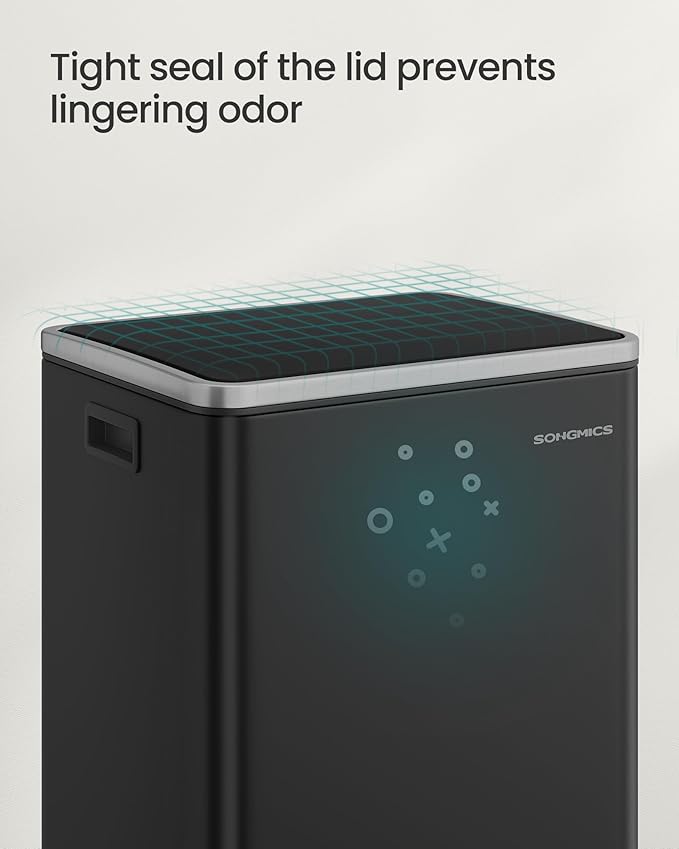 SONGMICS Trash Can, 13-Gallon Gabbage Can, with 15 Trash Bags, Steel, with Soft-Close Lid, Removable Inner Bucket, Handles, Ink Black ULTB595B01V1-DeskLoop Office