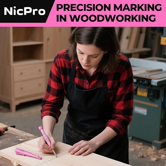Nicpro CP3000 Carpenter Pencil with Sharpener, Construction Mechanical Pencils with 19 Refills, Heavy Duty Construction Pencil, Pink Woodworking Tools For Women, Great for Marking On Wood, Metal-DeskLoop Office