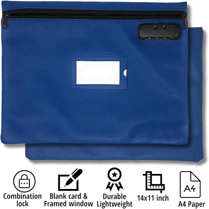 Notary Bag with Lock | 14x11 inch | Navy blue | Zipper Notary Supplies Bag | Locking Notary Bag for Notary Kit, Stamp, Embosser, Ink Pad, and Valuables | Locking Document Bag | Journal Carrying Case-DeskLoop Office