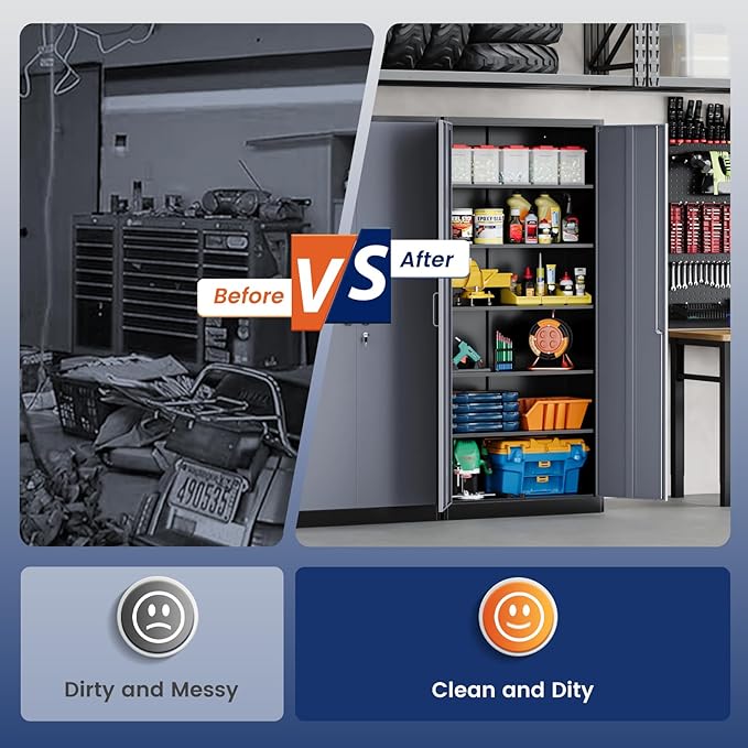 Yizosh Metal Garage Storage Cabinet with 2 Doors and 5 Adjustable Shelves - 71" Steel Lockable File Cabinet,Locking Tool Cabinets for Office,Home,Garage,Gym,School (Gray Black)-DeskLoop Office