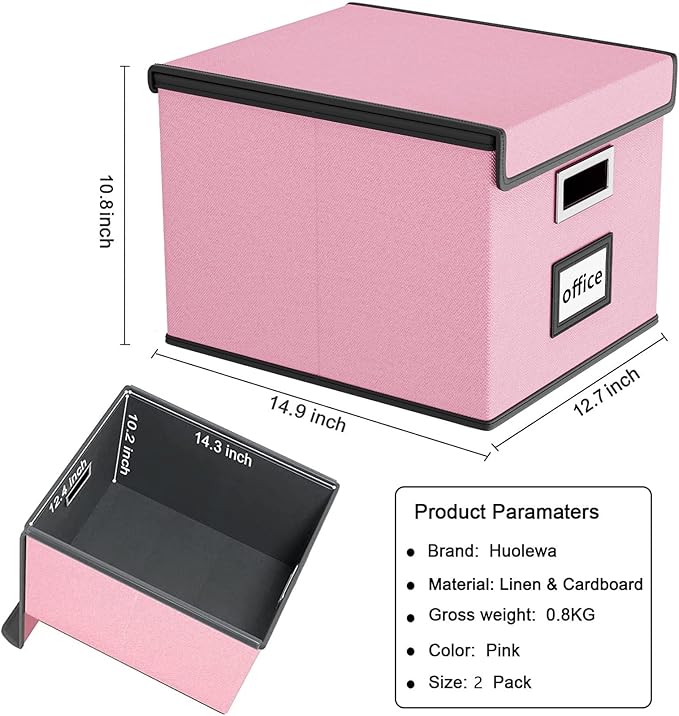 Huolewa Collapsible File Storage Organizer Boxes with Lids, Linen Document Storage, Universal Hanging Filing Organization Boxes for Letter/Legal, Decorative Office/Home File Bins - Boxes Only(2 Pack)-DeskLoop Office