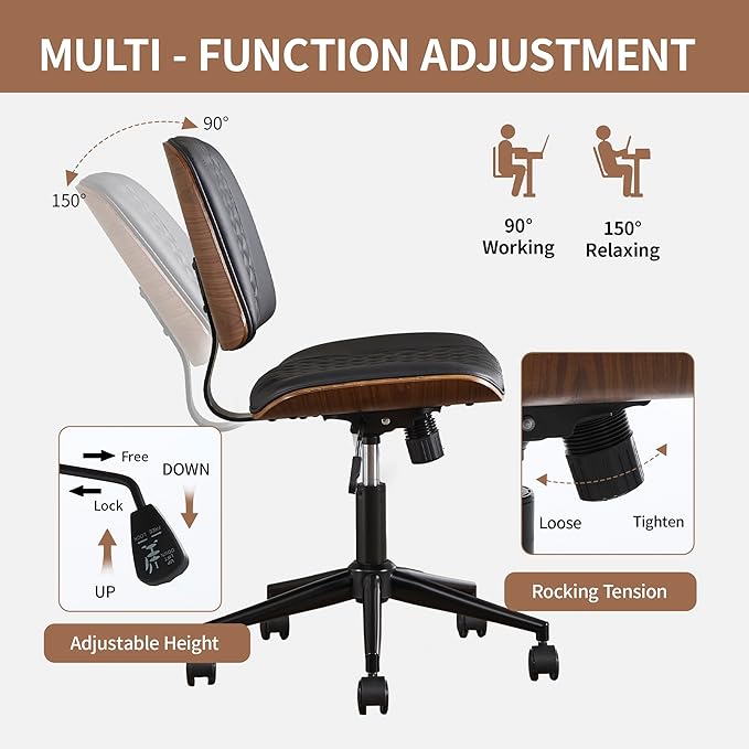 Small Home Office Chair - Armless Mid Back Desk Chair with 360° Swivel and Wheels, PU Upholstered Height Adjustable Modern Walnut Computer Chair for Home, Office Meeting Room - Black-DeskLoop Office