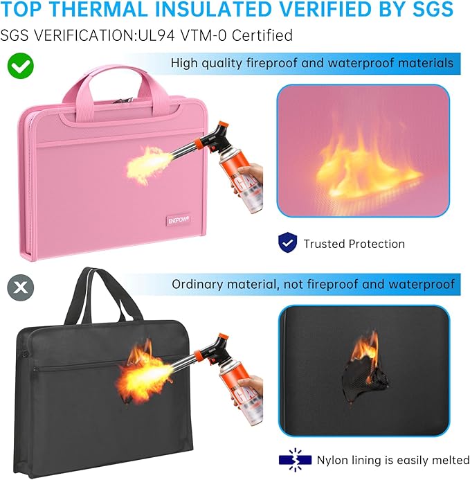 ENGPOW Accordion File Organizer,Fireproof Expanding File Folder with Multi Pockets,13 Pockets Document Organizer with Handle & Labels,Portable Home Travel Safe Storage Folder for Letter A4 Files,Pink-DeskLoop Office