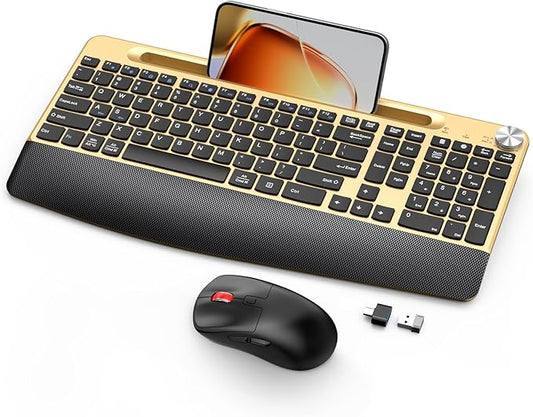 Ergonomic Wireless Keyboard and Mouse with Wrist Rest,Phone Holder - 2.4GHz Full-Sized Low-Profile Quiet Gold Wireless Mouse and Keyboard Combo for Computer, Laptop, PC, Mac-Gold-DeskLoop Office