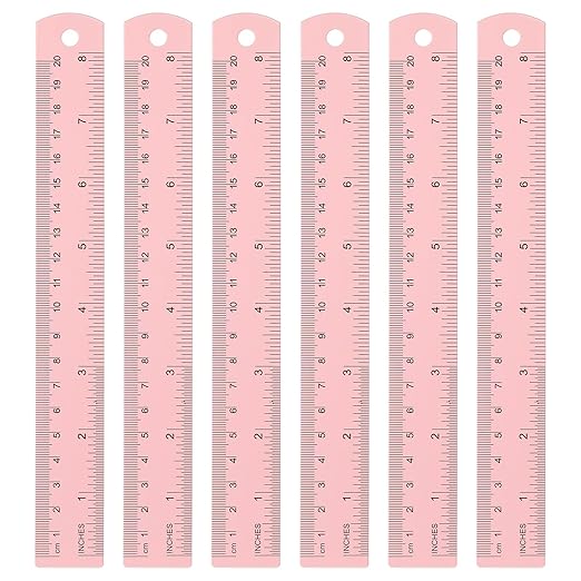 HARFINGTON 6pcs Metal Straight Ruler 20cm Metric SAE Aluminum Alloy Measuring Rulers Scale Tool with Hole for Measure Study Reading Classroom Office, Pink-DeskLoop Office