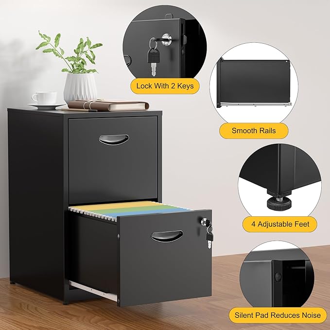 2 Drawer File Cabinets,Metal Office File Cabinet with Lock,Black Filing Cabinets for Home Office,Vertical Modern File Cabinet Office Two Drawers for Hanging Letter,Assembly Required