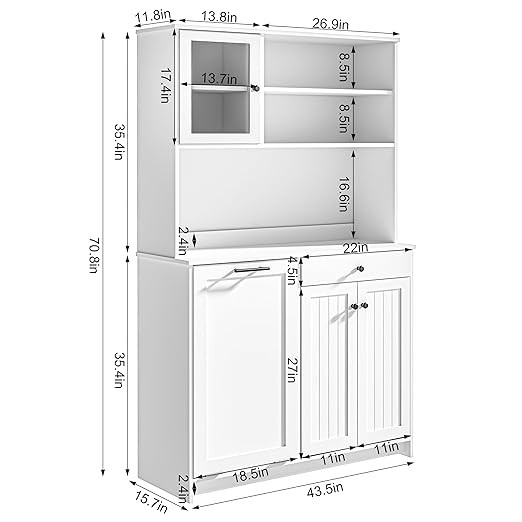OLD CAPTAIN Tilt Out Trash Cabinet with Deodorising Function, Kitchen Hutch with Microwave Shelf and Drawer, Kitchen Pantry with Trash Cabinet for 10 Gallons, White-DeskLoop Office