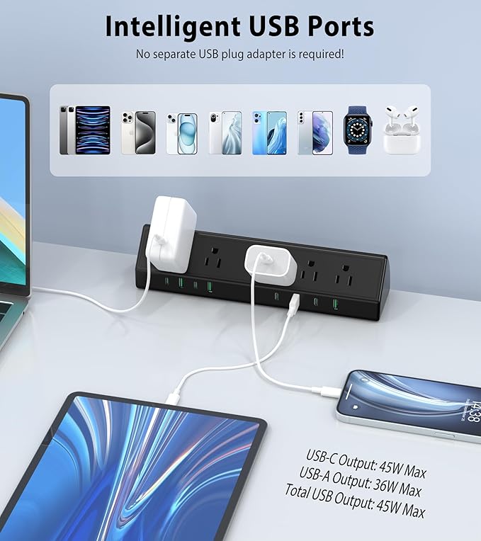 45W Fast Charging Station,Desk Clamp Power Strip,4 PD USB-C Ports,5 AC Outlets,Surge Protector Power Strip, 14AWG Heavy Duty Cord, Fits 1.9" Tabletop Edge (Black, 10 FT Cable)-DeskLoop Office