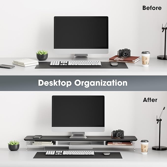 Fenge Acrylic Monitor Stand Riser, 42.5 Inches Dual Monitor Stand with Metal Storage, 2 Tier Acrylic Computer Riser for Desk, Clear Laptop Stand for PC, Laptop, Printer, TV, Black-DeskLoop Office