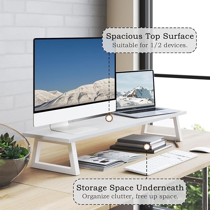 TEAMIX White Dual Monitor Riser - 31.5 inch Wide TV Stand for 2 Monitors - Wood & Steel Desktop Riser for Dual Screen Office Desk Organization-DeskLoop Office