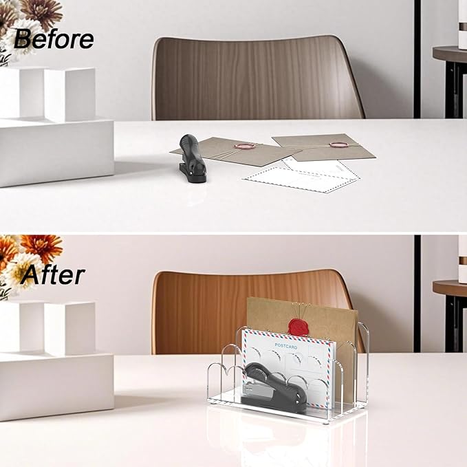 YAGELI 2 Pack 3-Slot Acrylic Mail Organizer for Desktop – Scalloped Clear Document Sorter, Vertical File Holder for Office/Home, Space-Saving Desk Organizer for Letters, Bills, Stationery-DeskLoop Office