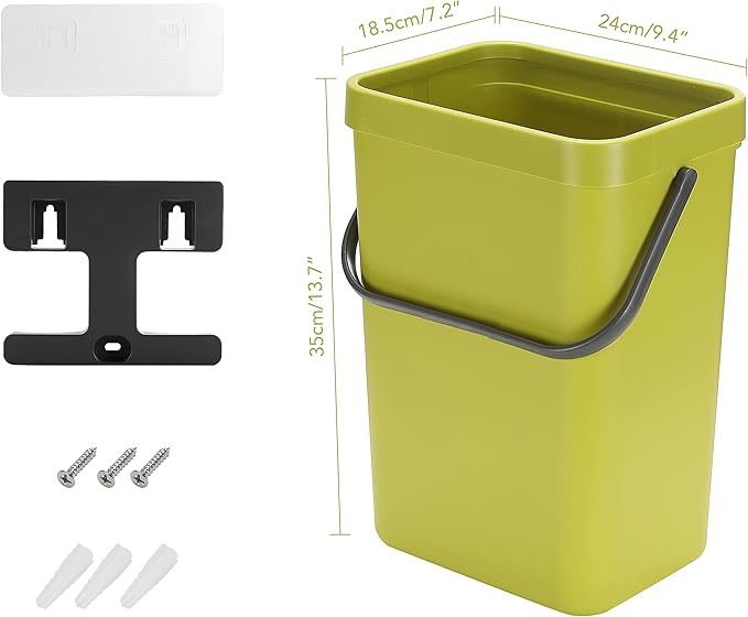 stonespace Small Trash Can with Lid,Mountable Indoor Compost Bucket, Hanging Trash Can with Lid for Cupboard/Bathroom/Bedroom/Office/Camping, 3.2 Gallon/12L Green