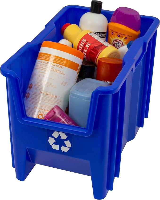 Commercial Industrial Heavy Duty Stackable Open-Front Recycling Bin Box Containers, 7 Gallon, 4 Pack, Blue-DeskLoop Office