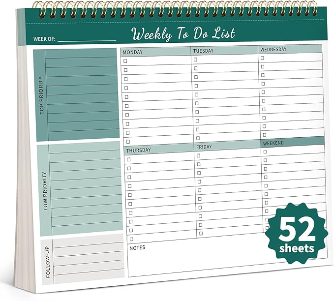 Weekly To Do List Notepad, 52 Undated Sheets (8.5"×11") Duplex-printed Weekly Planner Notepad For Work Home School Office Desk Accessories Supplies & Goal Setting Tasks - Green-DeskLoop Office