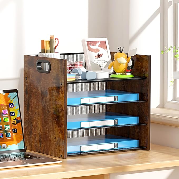 Wood Desk Organizer - 4-Tier Desktop File Organizer, Wooden Paper Organizer, Office Desk Organizer for Papers, Mail, Notebooks, Stationery-DeskLoop Office