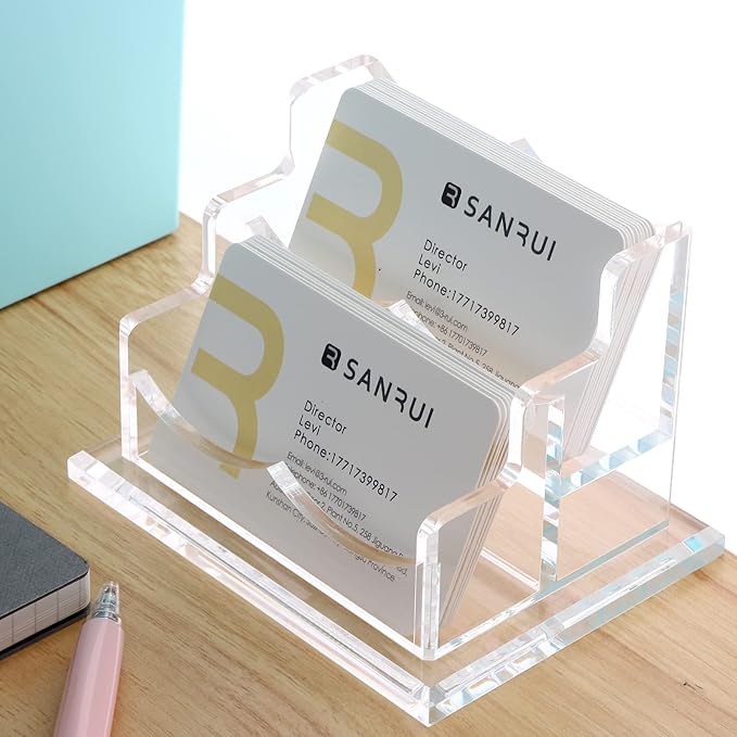 SANRUI Clear Horizontal Business Card Holder Stand for Desk, Acrylic Desktop Display Name Cards Holders Organizer Storage Rack,for Exhibition, Home , Office ,2 Tier 2 Pocket , 120 Card Capacity-DeskLoop Office