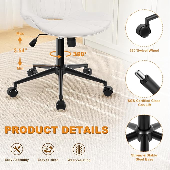 Office Chair, Armless Desk Chair with Wheels, Ergonomic Comfy Home Office Computer Task Chairs, Faux Leather Padded Cute Vanity Chair, Adjustable Height Swivel Chair with Back,White-DeskLoop Office