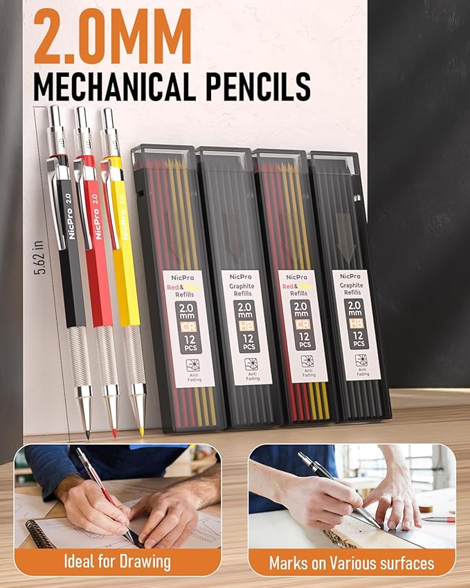 Nicpro 18 Pack Carpenter Pencils Mechanical, Construction Pencils with 60 Refill, Automatic Center Punch and Carbide Scribe Tool, 2.0mm Mechanical Pencil for Woodworking, Best Carpenters Marking Tool-DeskLoop Office