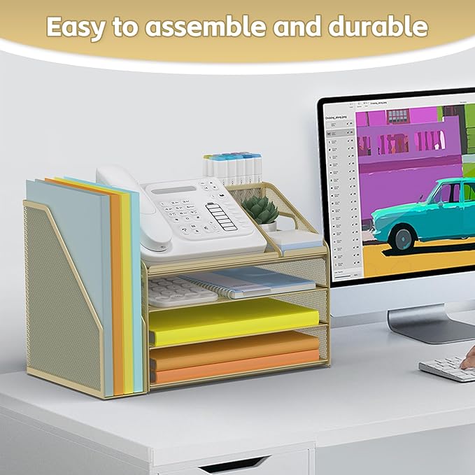 DocNest 4 Tier Paper Letter Tray File Organizer, Mesh Desk File with Handle, Workspace Desk Organizers with Pen Holder, Office Organization Storage Accessories - Gold Yellow-DeskLoop Office