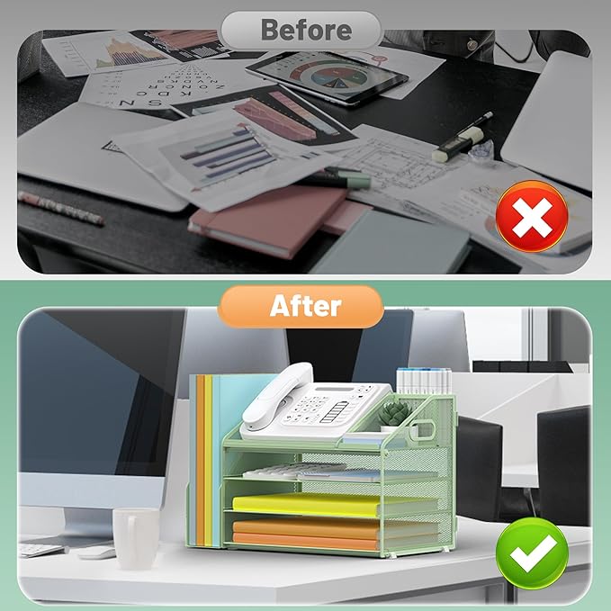 DocNest 4 Tier Paper Letter Tray File Organizer, Mesh Desk File with Handle, Workspace Desk Organizers with Pen Holder, Office Organization Storage Accessories - Green-DeskLoop Office