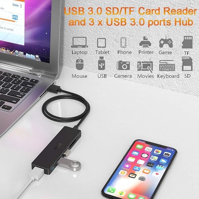 USB Hub 3.0 Splitter, TSUPY USB 3.0 Hub Multi USB Adapter Port Expander with 4ft Cable, SD/TF Card Reader & 3 USB 3.0 Ports Compatible for PC, Laptops, Surface Pro, MacBook, iMac Pro-DeskLoop Office