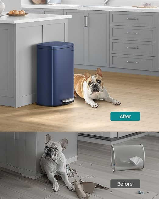SONGMICS 13 Gallon (50 L) Trash Can, Stainless Steel Kitchen Garbage Can, Recycling or Waste Bin, Soft Close, Step-On Pedal, Removable Inner Bucket, Midnight Blue ULTB050L01-DeskLoop Office