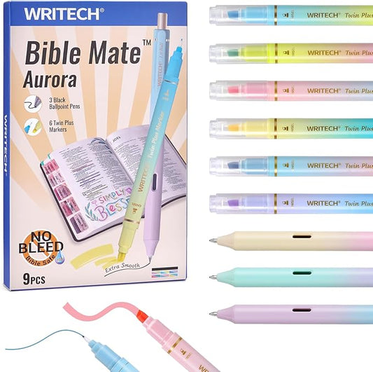 WRITECH Bible Mate Journaling Set: No Bleed Aesthetic Highlighters & 1.0 mm Black Ballpoint Pens, Bible Safe Dual Tip Highlighters, Pastel Colors, Fast-drying Ink, Journaling Kit, 9ct-DeskLoop Office