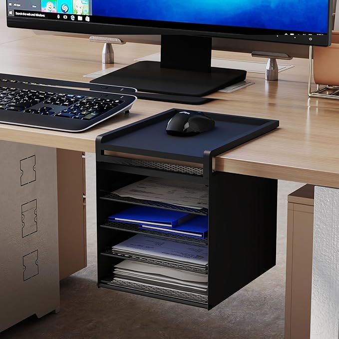 Aothia Desk Organizer with 4 Sliding Trays – Metal File Organizer for Desktop, Hanging Under Desk Organizer and Paper Tray Shelf, Space-Saving Office Document Sorter, Black-DeskLoop Office