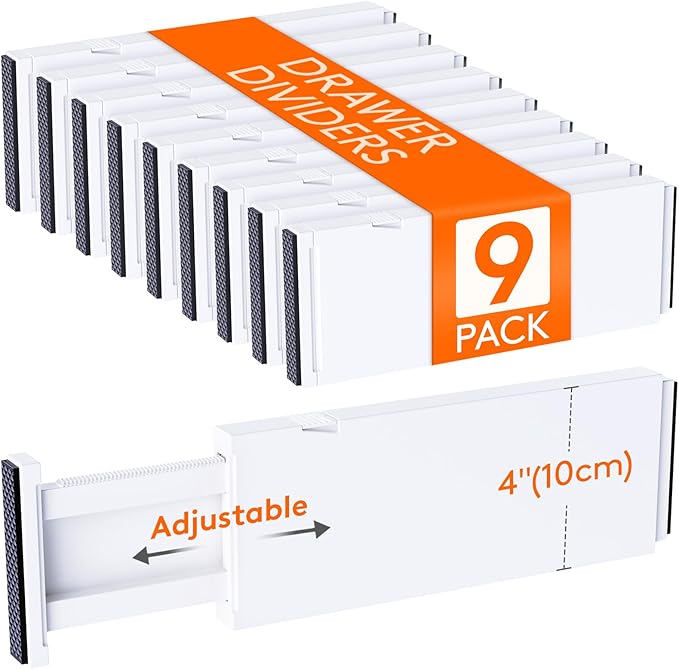 Lifewit 9 Pack Drawer Dividers 4" High, 11-17" Adjustable Drawer Organizers for Clothes, Expandable Dresser Separators in Bedroom/Bathroom/Kitchen/Fridge/Office Organization and Storage, White-DeskLoop Office