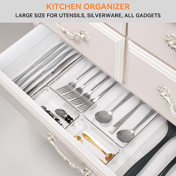 Criusia 8 Pack Drawer Organizer for Kitchen Gadgets, Large Clear Plastic Drawer Divider for Kitchen Accessories, Bathroom Organizers and Storage, Home Essentials for Makeup and Vanity Accessories-DeskLoop Office