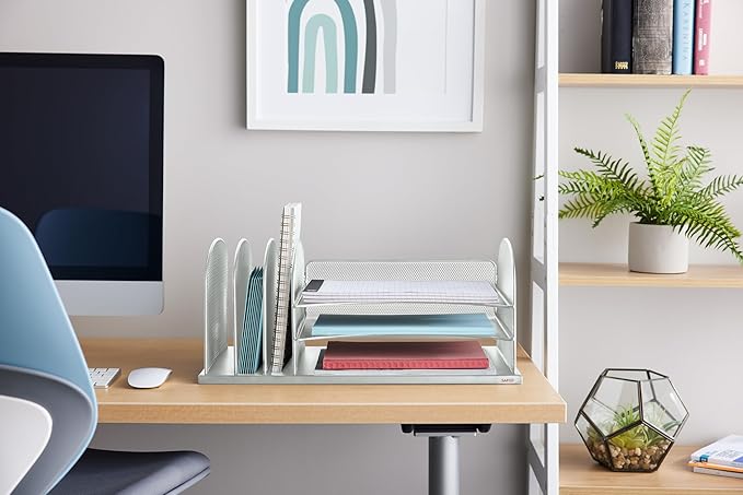 Safco Onyx Desk Organizer with 3 Horizontal and 3 Upright Trays, Durable Steel Construction, Silver-DeskLoop Office