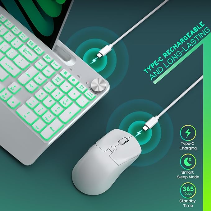 Wireless Keyboard and Mouse Backlits - Full-Sized Ergonomic Lighted Keyboard with Wrist Rest, Phone Holder,2.4GHz Rechargeable Silent Keyboard Mouse Combo for Computer, Laptop, PC, Mac -White-DeskLoop Office