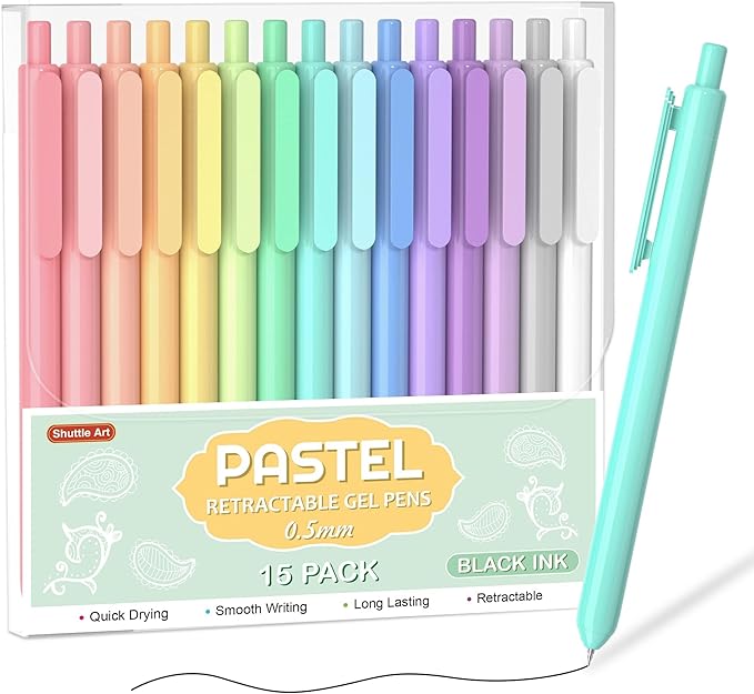 Shuttle Art Retractable Pastel Gel Ink Pens, 15 Pack Black Ink Pens, Cute Pens 0.5mm Fine Point for Writing Journaling Taking Notes School Office Home-DeskLoop Office