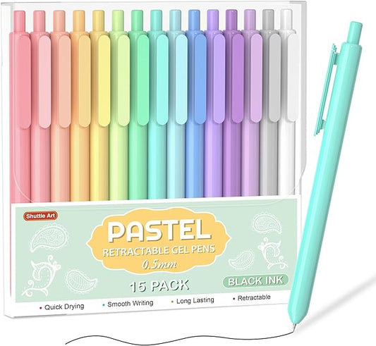 Shuttle Art Retractable Pastel Gel Ink Pens, 15 Pack Black Ink Pens, Cute Pens 0.5mm Fine Point for Writing Journaling Taking Notes School Office Home-DeskLoop Office