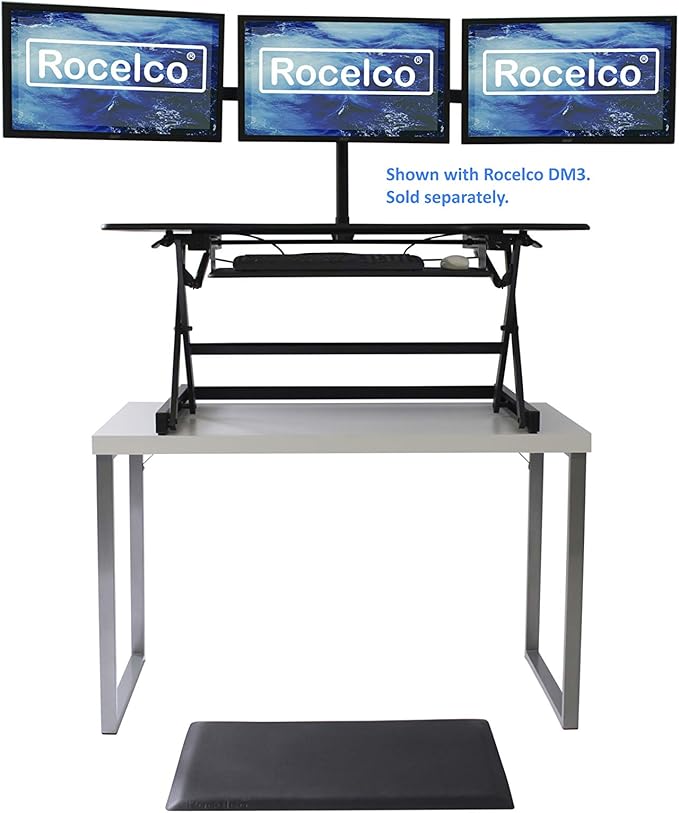 Rocelco 46" Large Height Adjustable Standing Desk Converter with Anti Fatigue Mat BUNDLE - Quick Sit Stand Up Triple Monitor Riser - Retractable Keyboard Tray - Black (R DADRB-46-MAFM)-DeskLoop Office