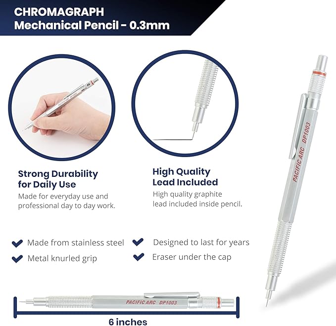 Pacific Arc Chromagraph Metal Mechanical Pencil .3 mm Silver Barrel Mechanical Pencil with Built In Lead Pencil Grade Indicator, Lead Pencil Holder for Drafting, Sketching, and Drawing-DeskLoop Office