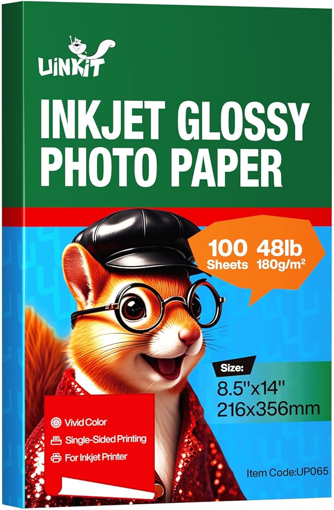 Uinkit Glossy Inkjet Photo Paper 8.5x14 Legal Size, 48lb 180gsm, 100 Sheets - Professional Photographic Quality, Compatible with Dye Ink Inkjet Printers, High-Gloss Finish for Vibrant Prints-DeskLoop Office